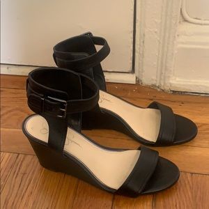 Black leather open toe wedges
